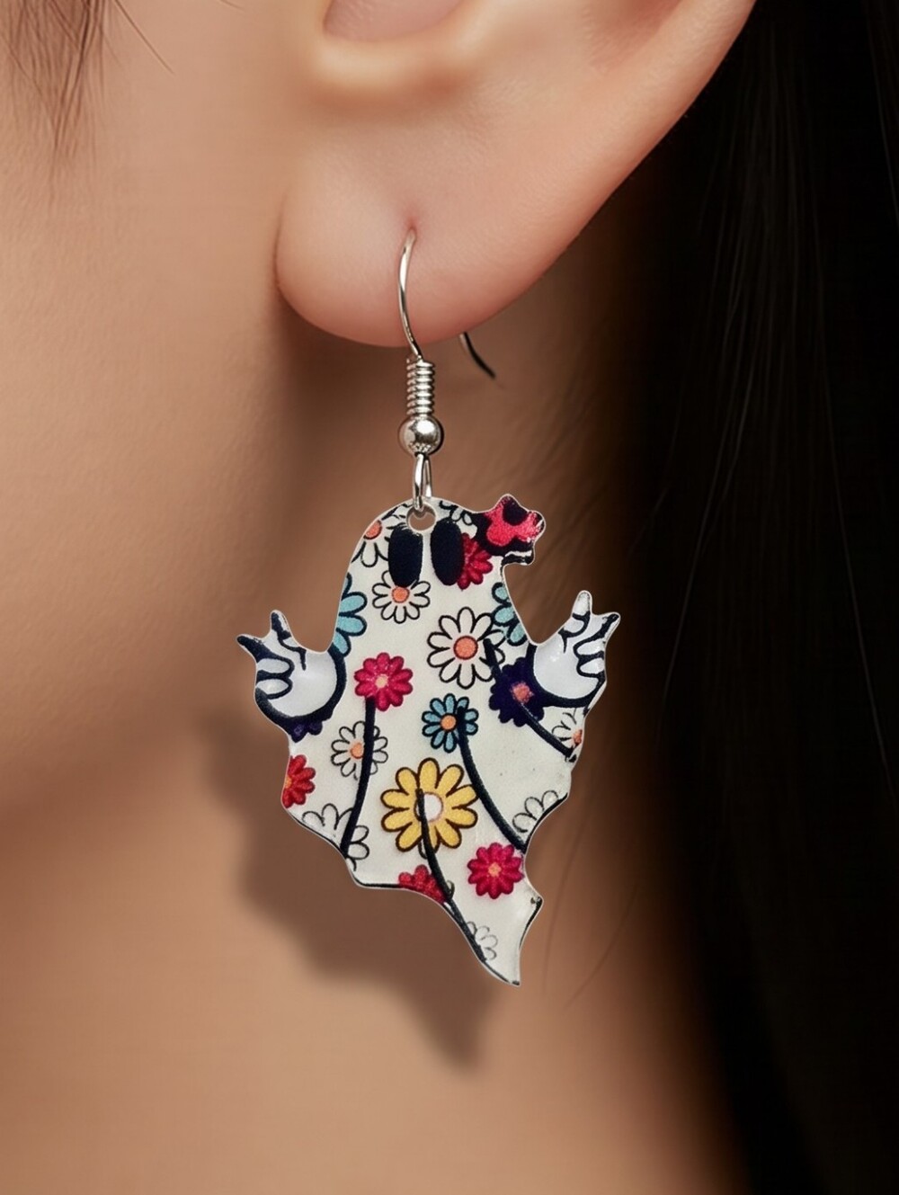 Hippie Ghost Earrings Floral Peace Sign Groovy Halloween Acrylic Dangle 70s Goth